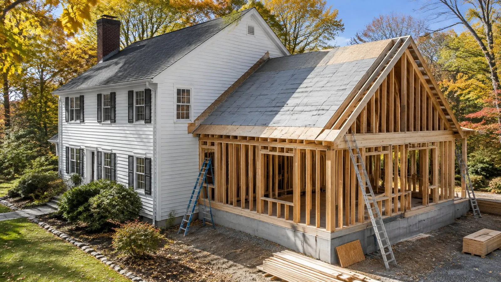 New two-story addition framed in fresh lumber, its roof sheathing half covered in gray underlayment, beside a white colonial