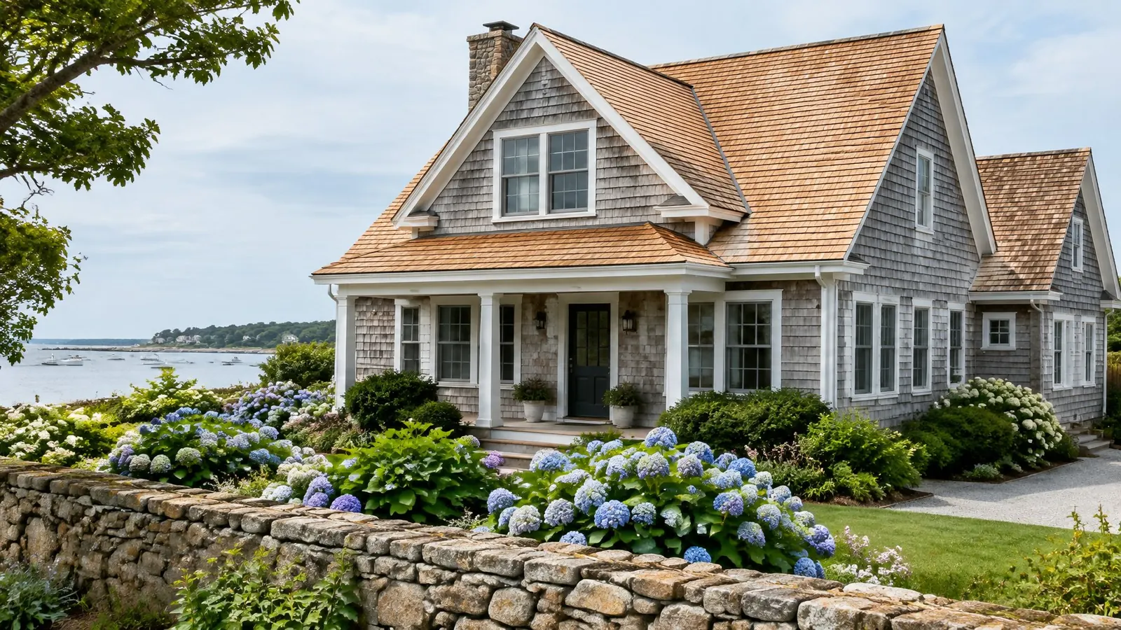 Shingle-style house with a new honey-toned cedar roof, gray shingle walls, a gable dormer, hydrangeas and a stone wall