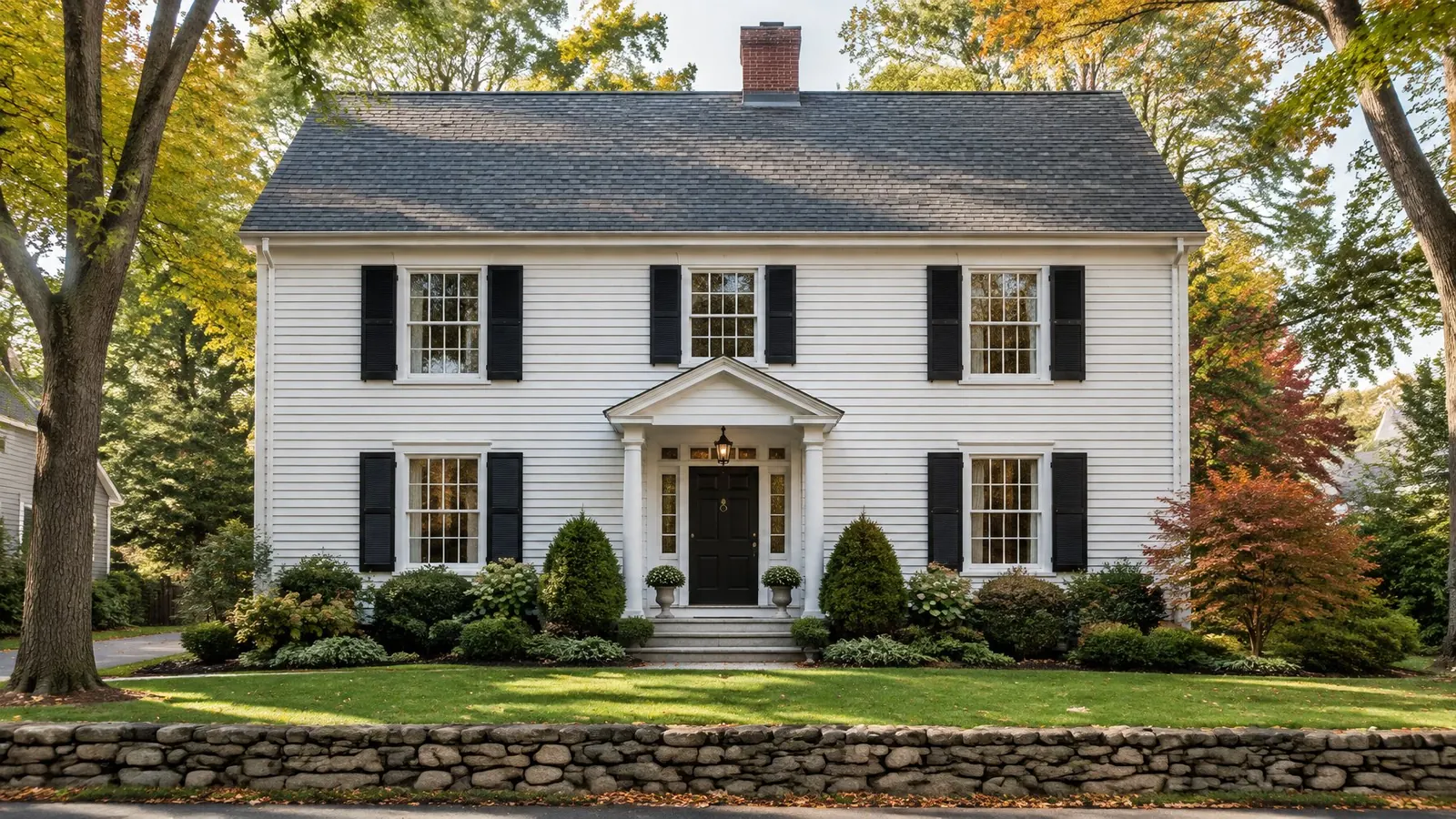 White center-hall colonial with black shutters and a new charcoal shingle roof behind a fieldstone wall and autumn trees