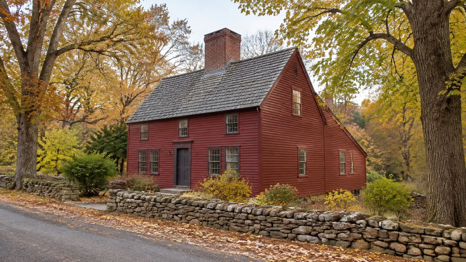 Dark red saltbox house with a long rear roof slope, central chimney and stone wall on a lane lined with autumn trees
