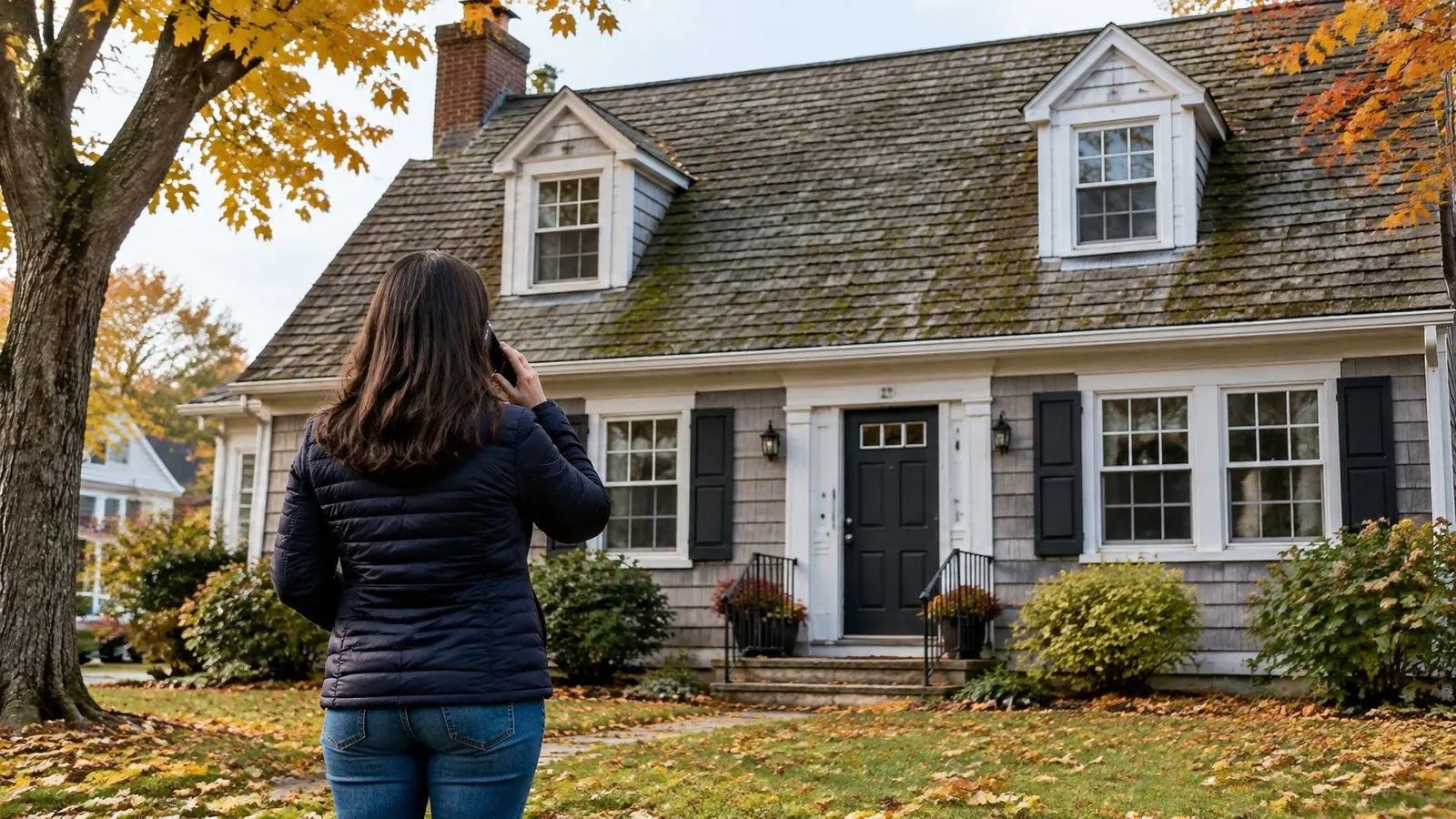 Homeowner seen from behind on the phone, looking up at the mossy, worn shingle roof of a cape with two dormers