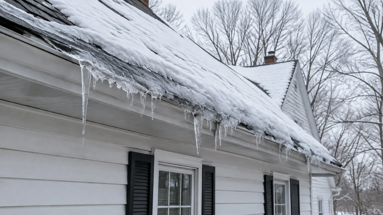 Snow-covered roof edge of a white cape with a ridge of ice along the gutter and icicles hanging in front of a shuttered window