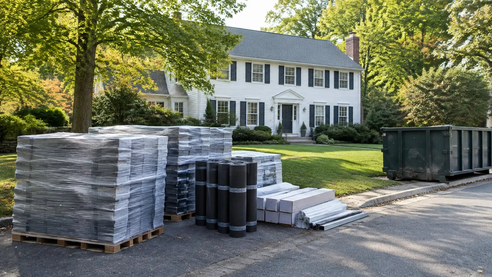 Wrapped pallets of shingles, rolls of underlayment and a dumpster in the driveway of a white colonial before a roof replacement