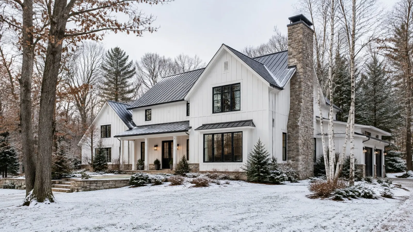 Modern farmhouse with a dark bronze standing seam metal roof, white board-and-batten siding and a stone chimney in light snow