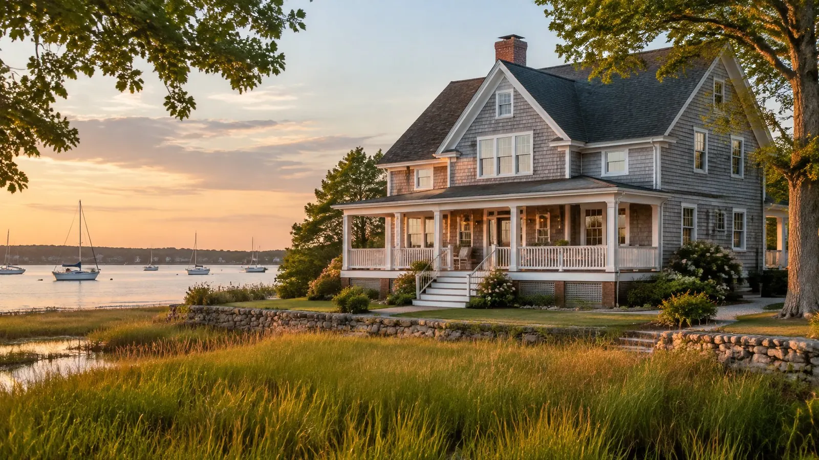 Gray shingle-style house with a wide porch beside a salt marsh, small sailboats moored in the harbor behind