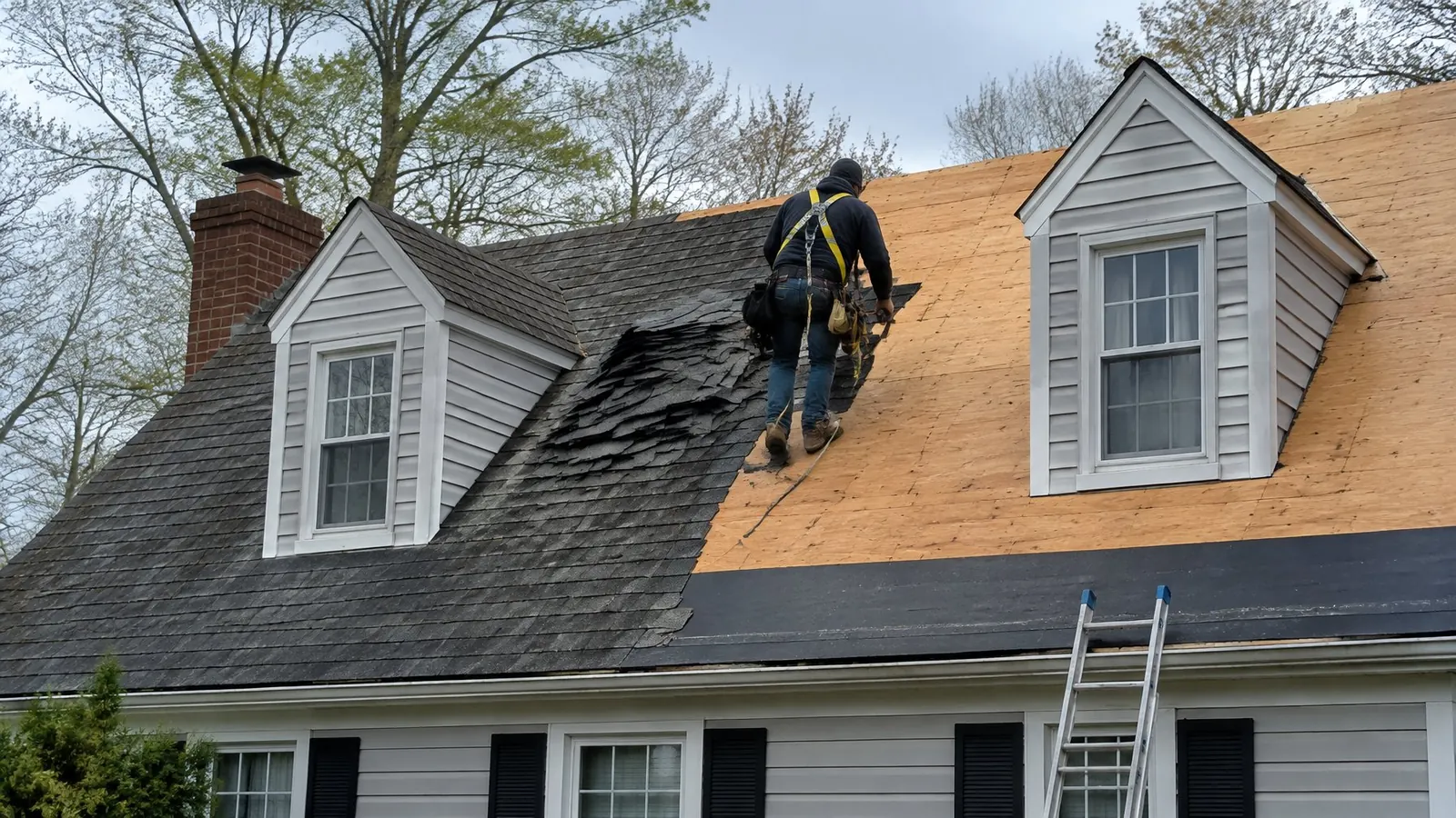 Roofer seen from behind stripping old asphalt shingles from a cape with dormers, the bare wood deck showing