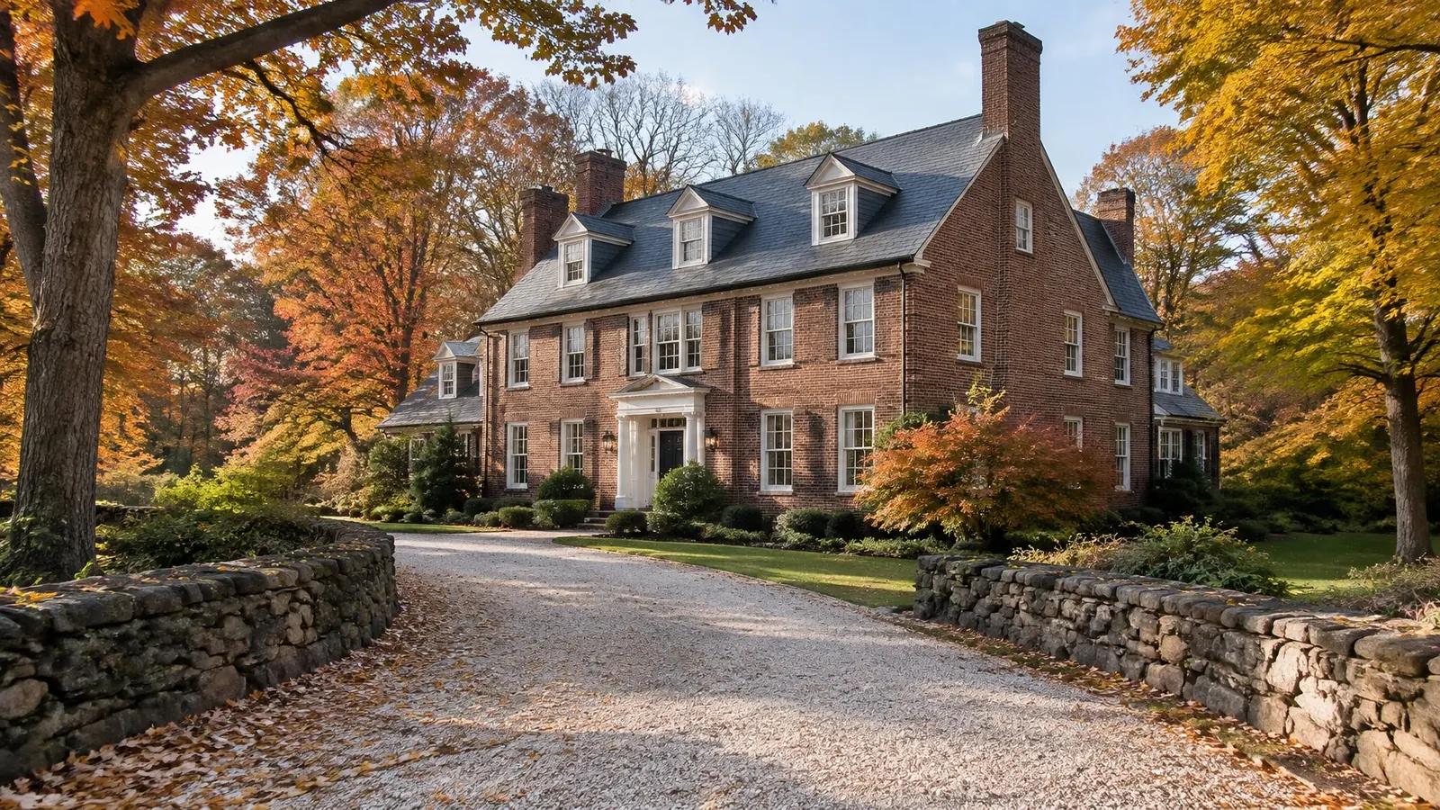 Brick colonial with a steep gray roof, dormers and two chimneys behind fieldstone walls and autumn trees