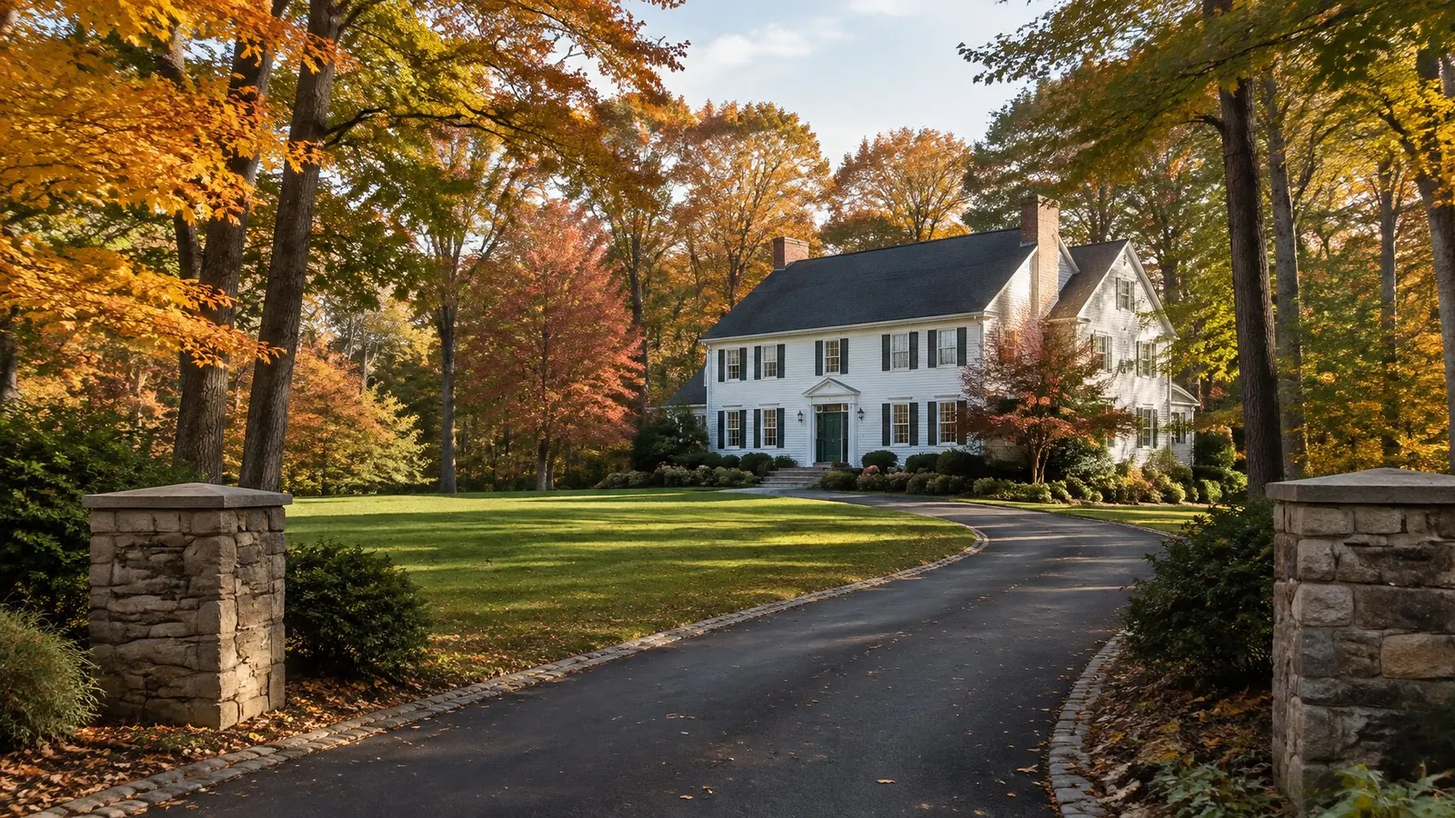 White colonial with a black shingle roof set back on a wooded lot behind stone gate pillars
