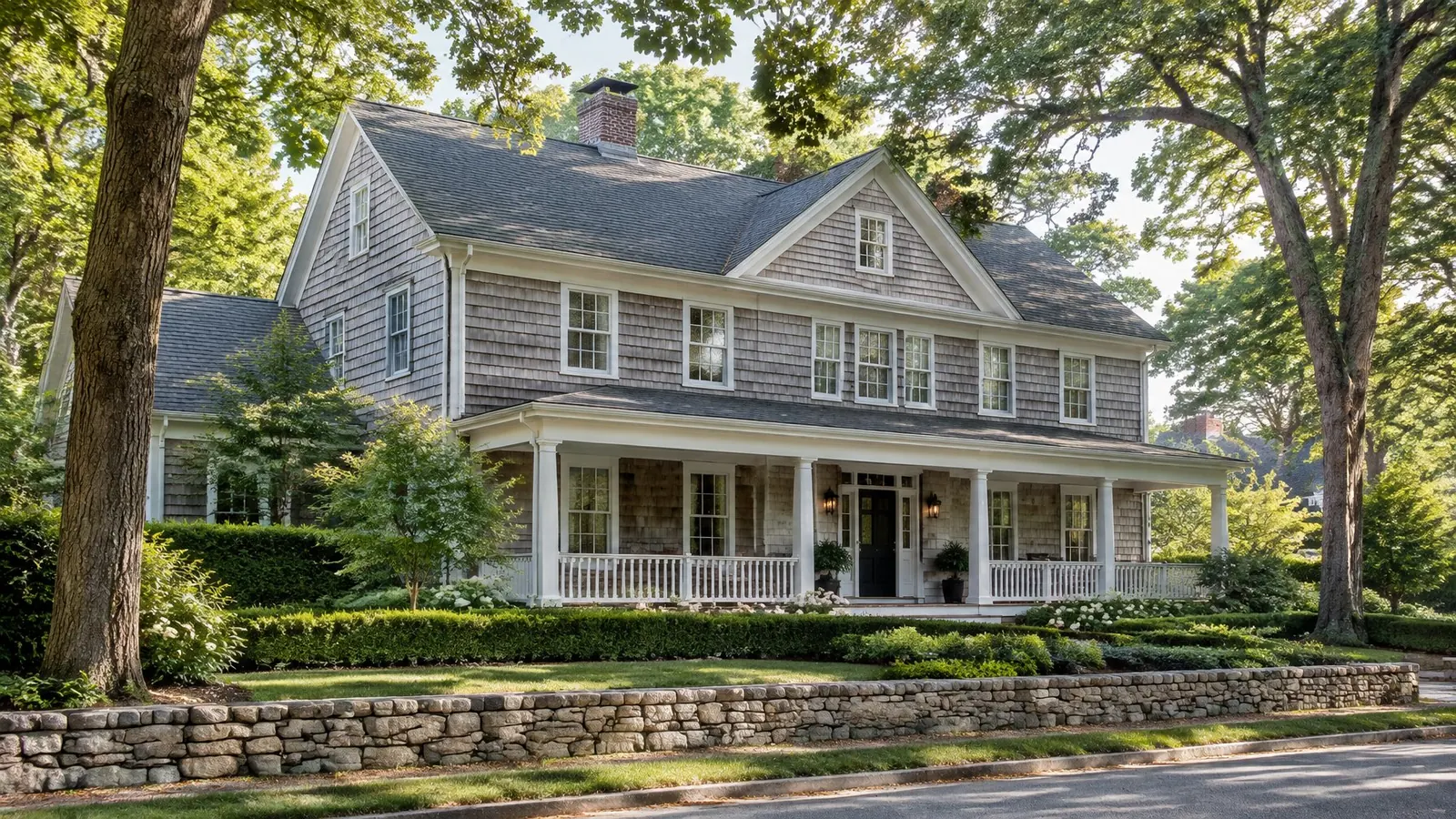 Gray-shingled colonial with a dark asphalt roof, a front porch and a low stone wall under old oaks