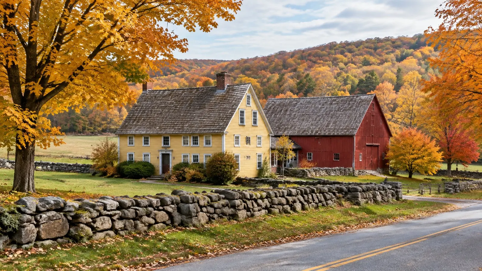 Antique yellow farmhouse with a wood shingle roof and a red barn beside an old stone wall in fall